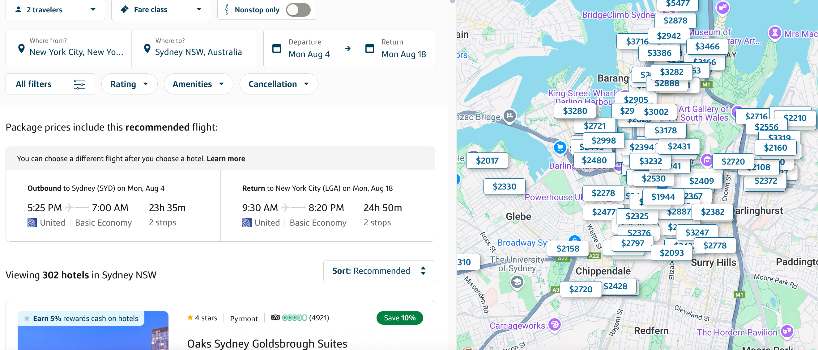 Capital One Travel packages search page
